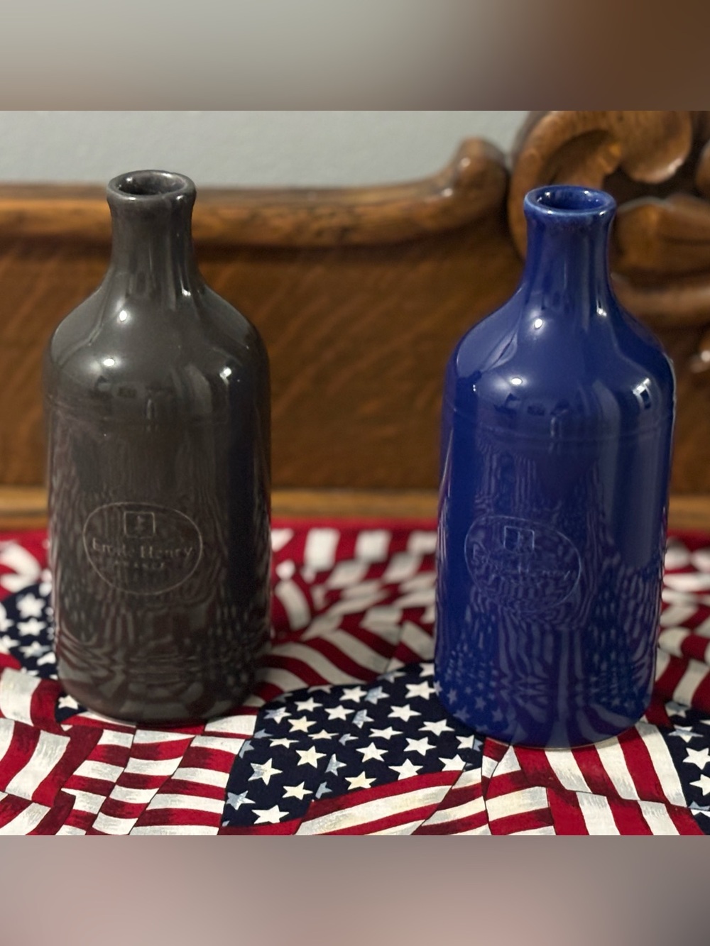 Emily Henry Williams Sonoma Stoneware 7” Blue & Olive Vases